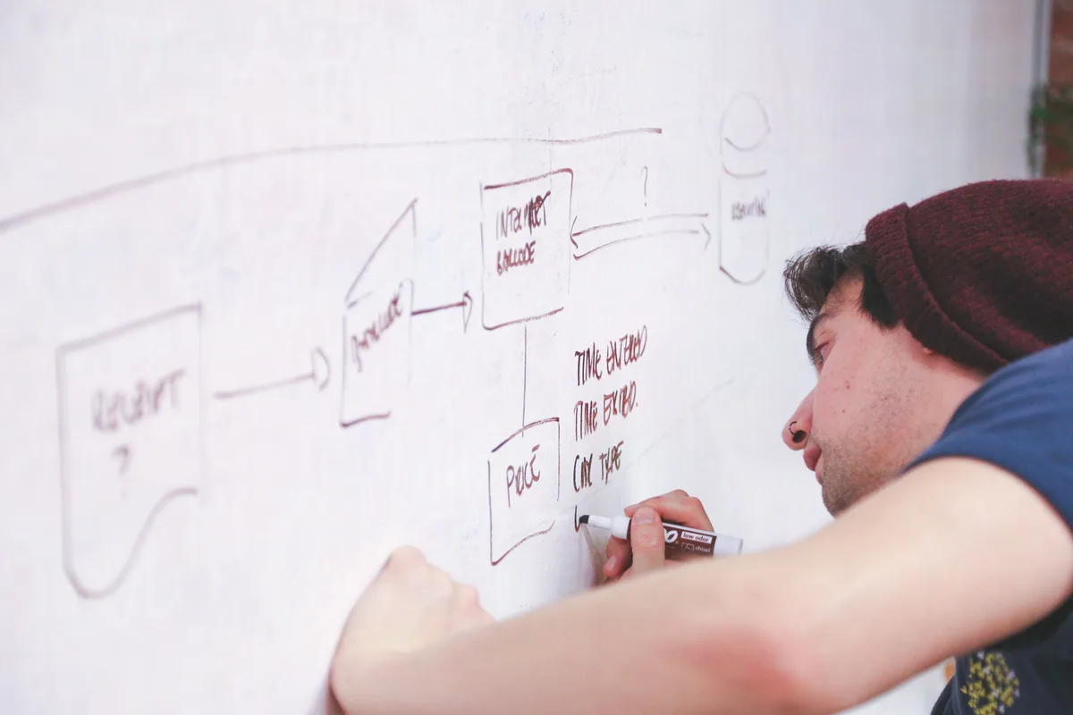 An engineer sketching a project flow on a whiteboard, the problem-first step that precedes any AI systems engineering work
