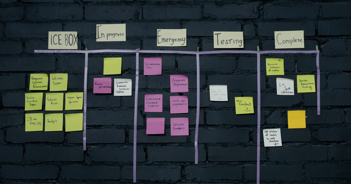 Top-down view of a task board covered in coloured sticky notes, the work to sort before choosing an appropriate task for generative AI