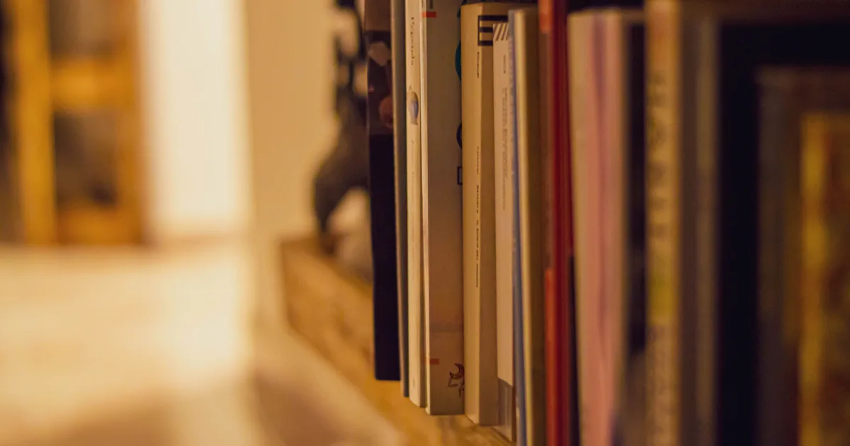 Out-of-focus row of book spines on a wooden shelf in warm light, for a ranking of the best AI books in 2026