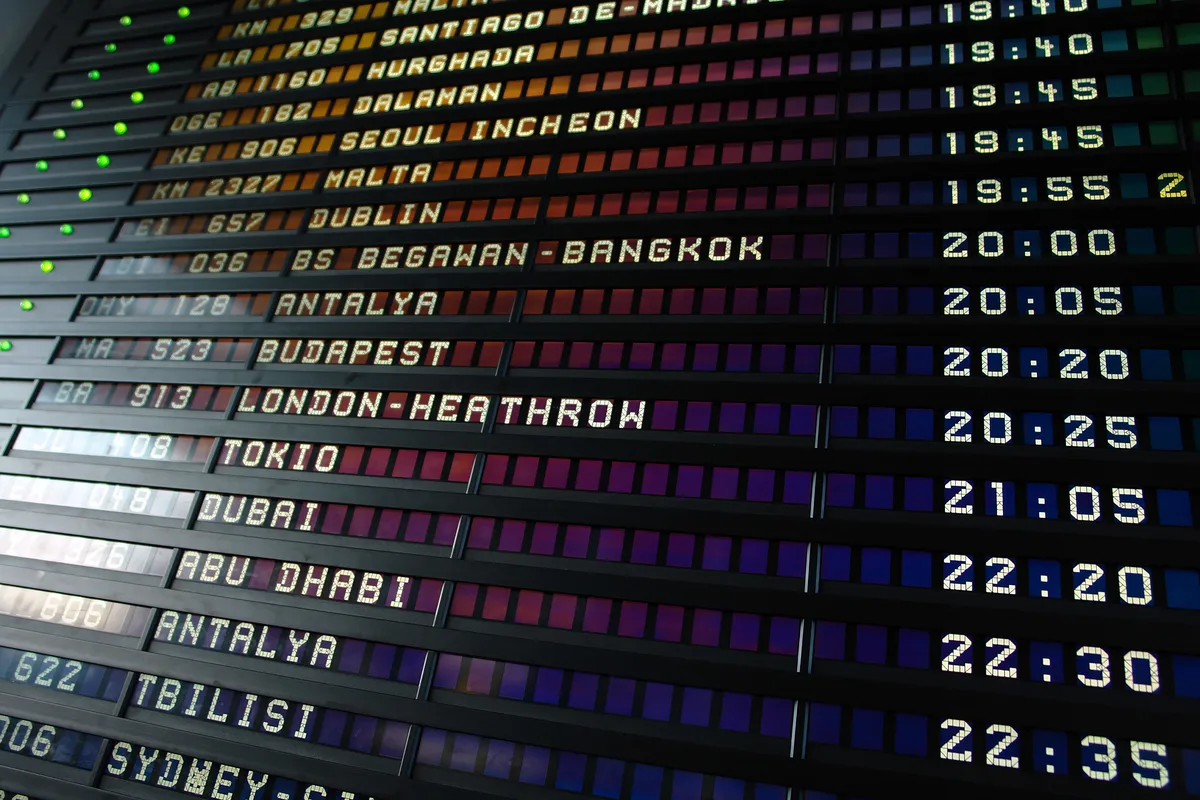 A flip-style airport departure board, an analogue picture of sorting inputs into a fixed set of typed destinations