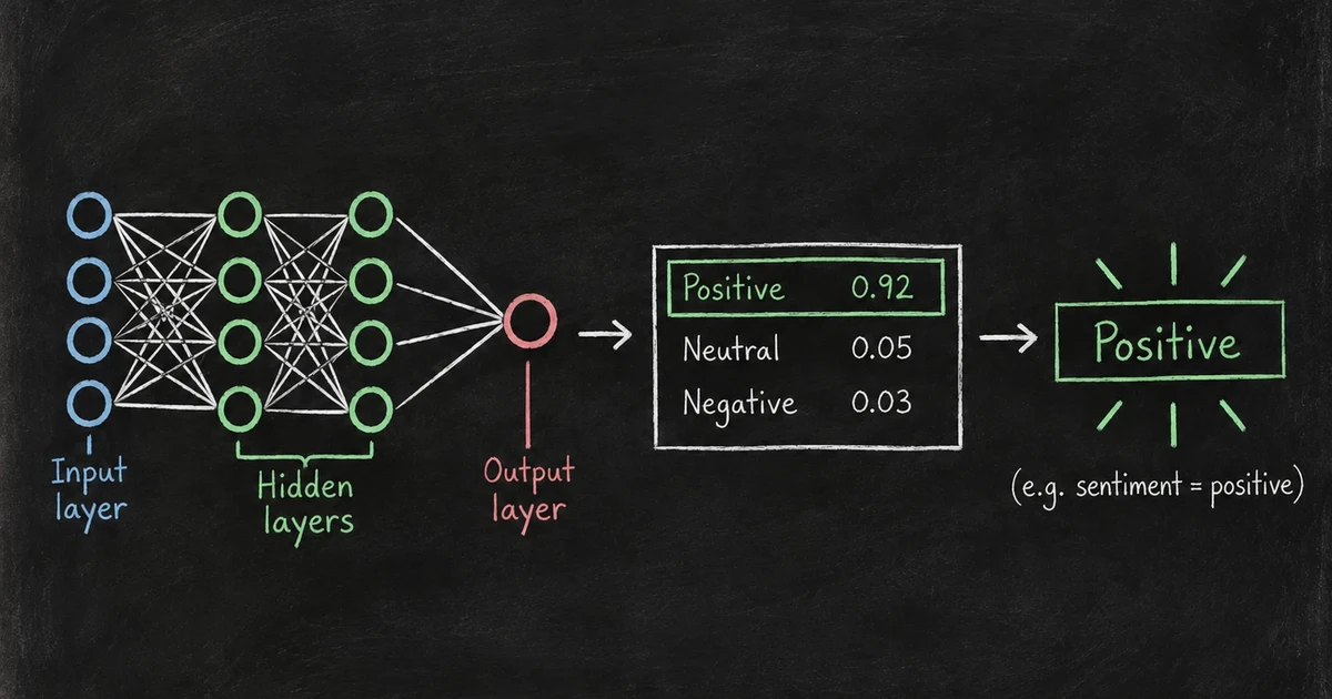 Chalkboard diagram of a classifier model: an input layer feeds two hidden layers and an output layer, which returns a probability for every label, with Positive highest at 0.92