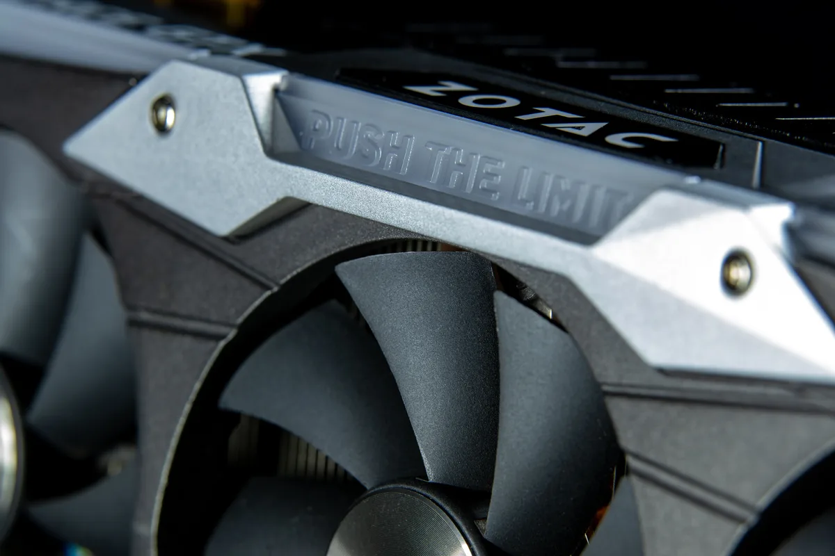 Close-up of a graphics card with metal cooling fans, whose VRAM sets the size of local LLM it can run